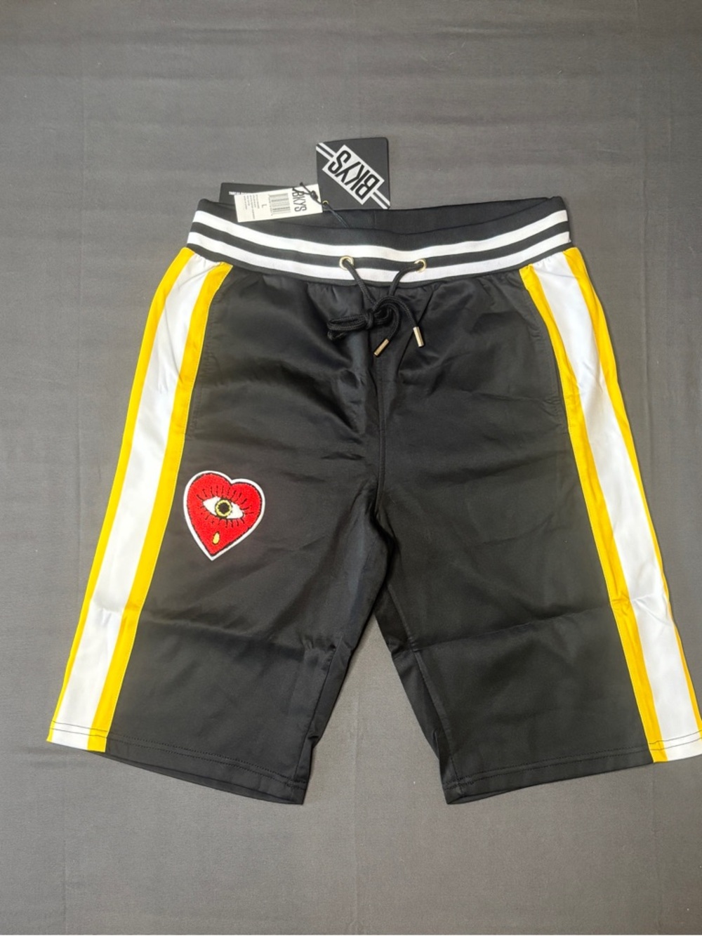 BKYS Men's Black Athletic Shorts Yellow & White Side Stripes and Red Heart Patch